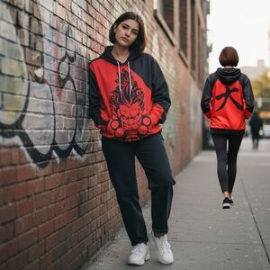 Women's Dark Drawstring Hoodie Jacket Drop Shoulders Red Black size Small & 2X